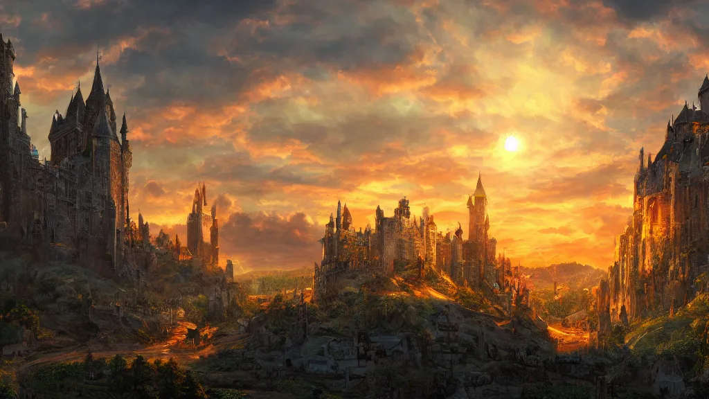 Image similar to sunset over a medieval kingdom, fantasy artwork, award winning, very beautiful scenery, wallpaper, artstation