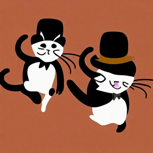 Prompt: photo of two cats dancing wearing bowler hats, realistic