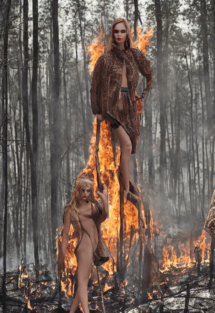 Image similar to fashion editorial in forest fire burning.