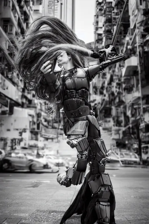 Image similar to portrait cinematography of beautiful young female, clothed in sci-fi military armor, long hair blowing in the wind. Giant mechs in the streets of Hong Kong. by Anita Sadowska