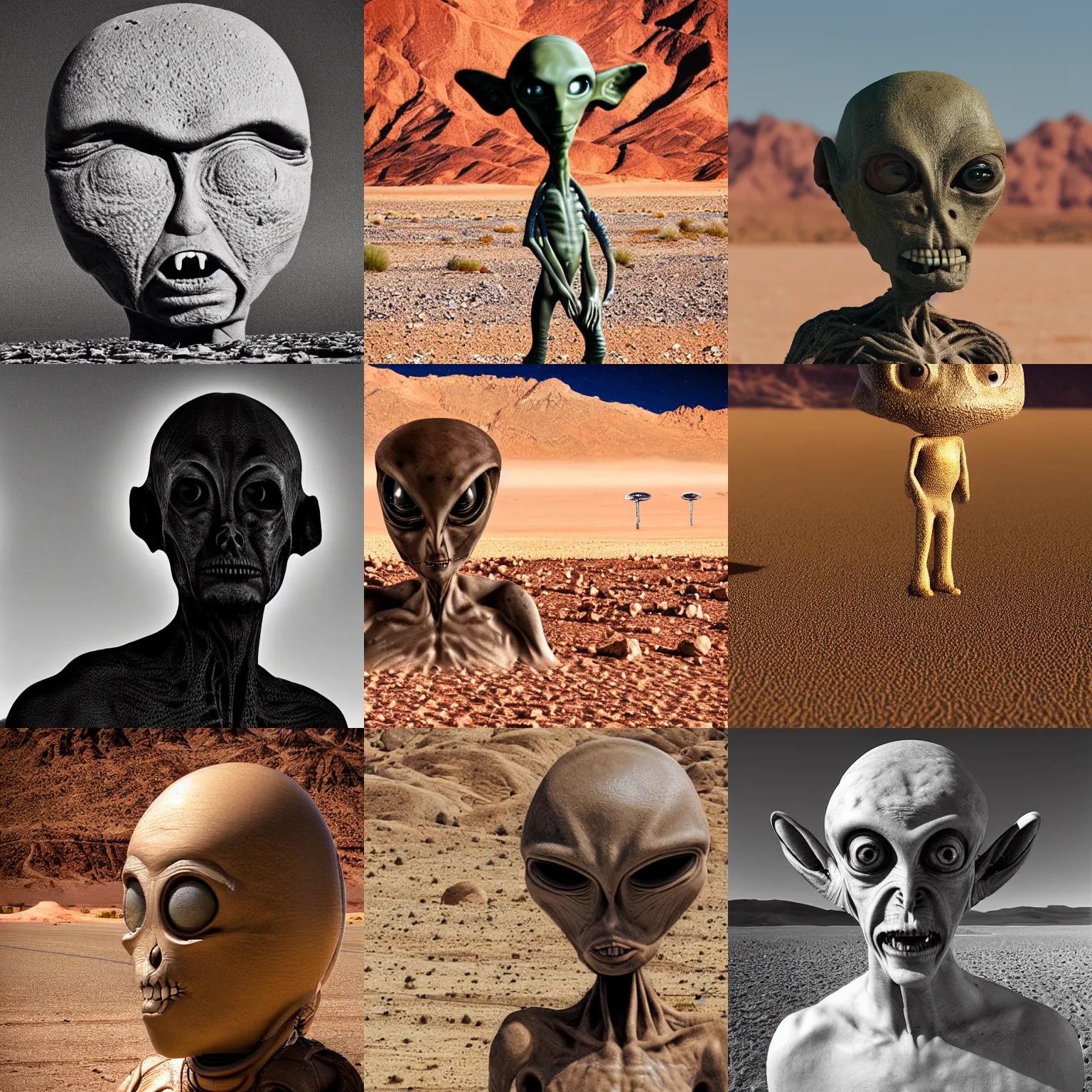 Prompt: Portrait of an alien in a desert, area 51, realistic photo, Sigma 200mm
