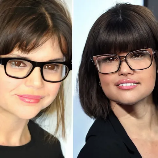 Prompt: 4 5 year old french and swedish woman, brown hair with bangs, wide nose, looks like selena gomez, smiling but has a temper, nerdy music teacher with phd, wears oprah glasses, from wheaton illinois