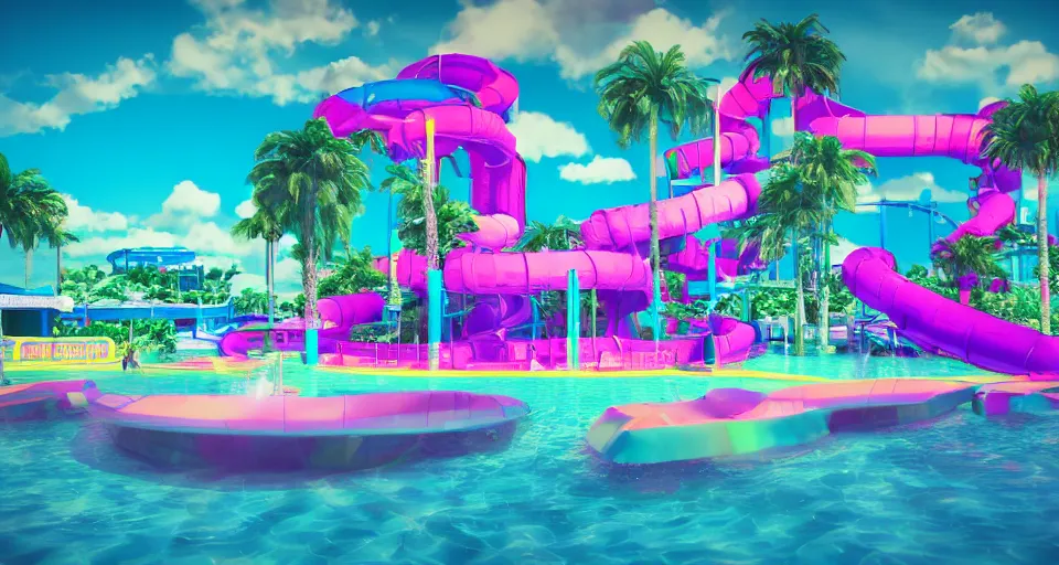 Prompt: 80s vaporwave outrun 3d Render of a water park, liminal space retro, grainy, noisy