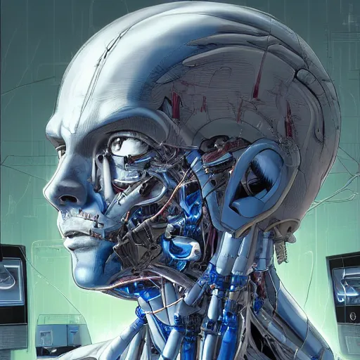 Image similar to Male cyborg, battle-damaged, scarred, handsome face, bored expression, blue eyes, sterile background, head in profile, sci-fi, bio-mechanical, wires, cables, gadgets, Digital art, detailed, anime, artist Katsuhiro Otomo