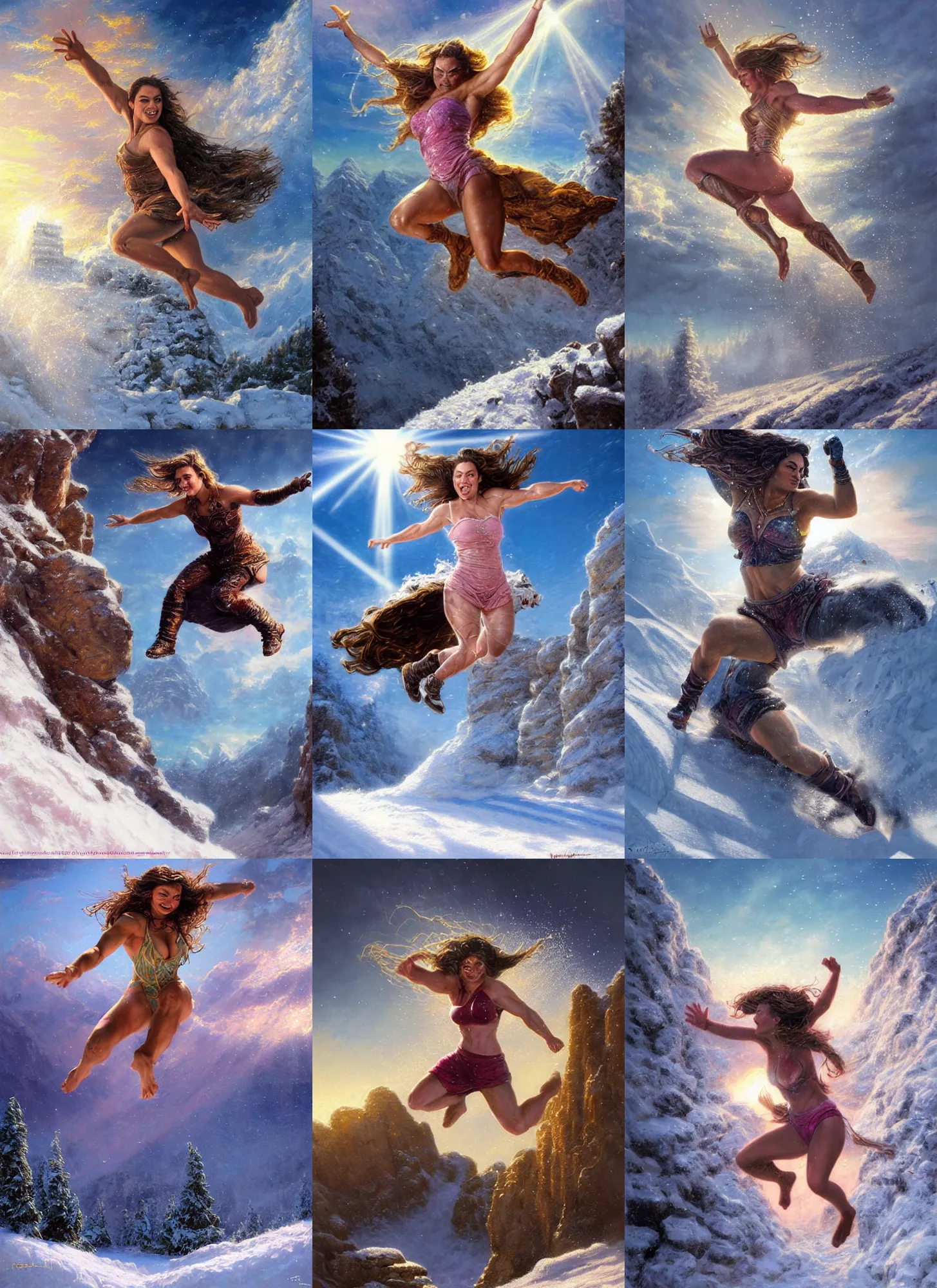 Prompt: epic portrait of muscled Mila Kunis jumping into deep snow, ancient ruins, prism sun rays through wind swept snow, pink golden hour, intricate, highly detailed, epic vista, very crispy, Ralph Horsley, Daniel F. Gerhartz, Artgerm, Boris Villajo, Lilia Alvarado