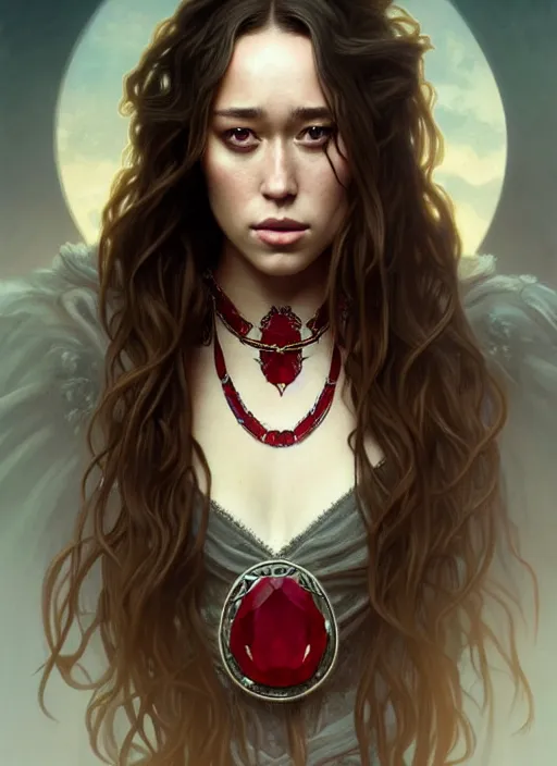 Prompt: portrait of alycia debnam - carey as a vampire lord, jewelry, greek, ruby, intricate, headshot, highly detailed, digital painting, artstation, concept art, sharp focus, cinematic lighting, illustration, art by artgerm and greg rutkowski, alphonse mucha, cgsociety