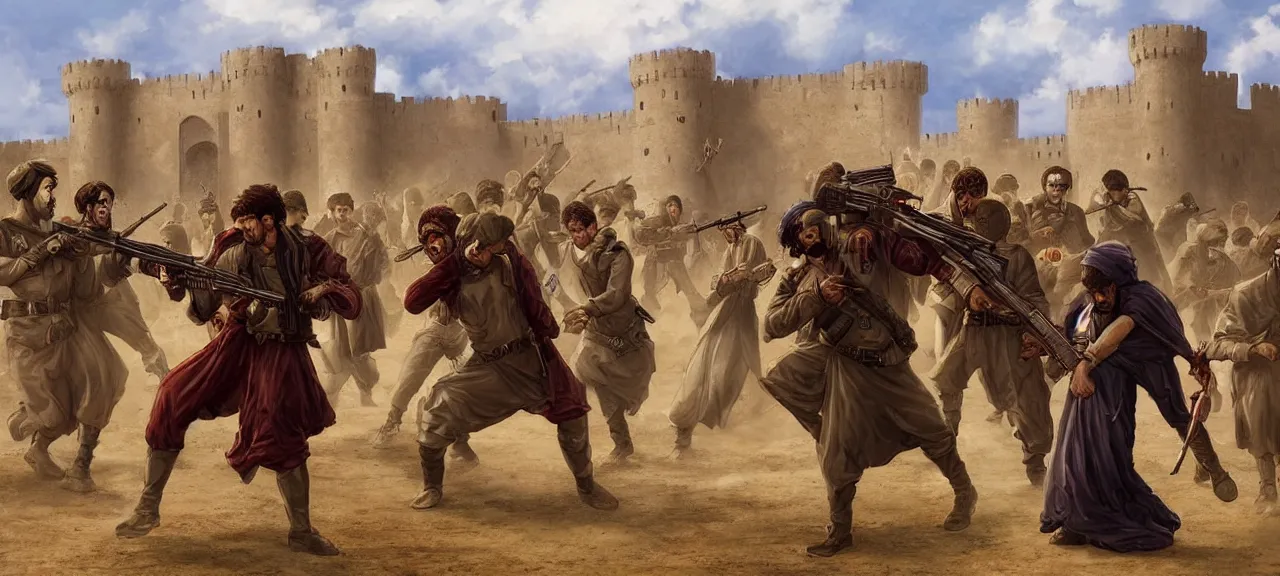 Prompt: of Arc fighting zombies in Afghanistan Desert Dead Guns Firearm Shooting Violent Castle In the style of Edmund Blair Leighton