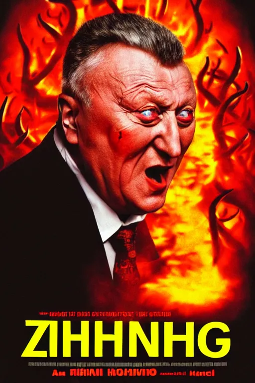 Image similar to movie poster, zhirinovsky in hell, scary poster in color, poster in 4 k