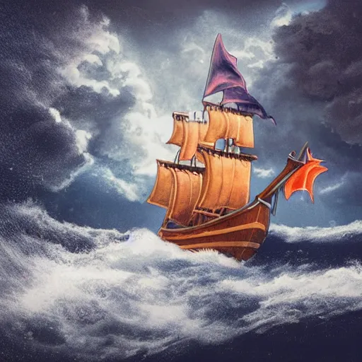 Image similar to a girl is pirate in a ship which is sailing in dark sea sky is dark blue and clouds and thunderstorms coming in far waves are big detailed picture