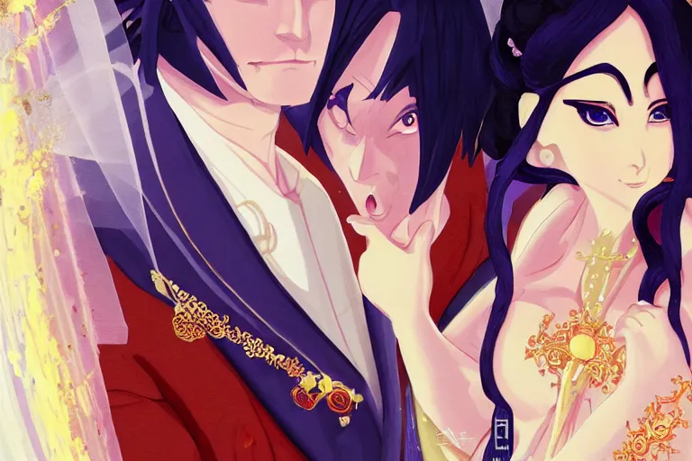 Image similar to a cinematic portrait of wedding photograph jpeg close up moment of a divine a japan sun god and moon goddess lovers magician at a wedding banquet. portraiture. digital painting. artstation. concept art. wedding photo. digital painting. naruto the movie art masterpiece by art by krenz cushart