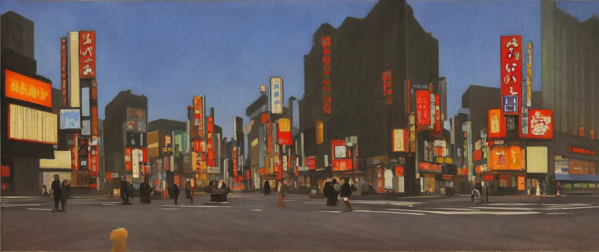 Prompt: an edward hopper style painting of a busy road in tokyo shibuya, storm