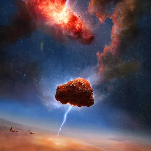 Prompt: A highly detailed Digital art of a meteorite containing an ant colony burning up in the atmosphere, by Jessica Rossier and Wayne Barlowe 8k geology space hubble star nebula