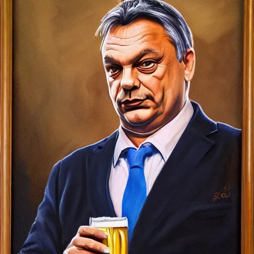 Image similar to viktor orban with a beer, anatomically correct, oil painting, highly detailed