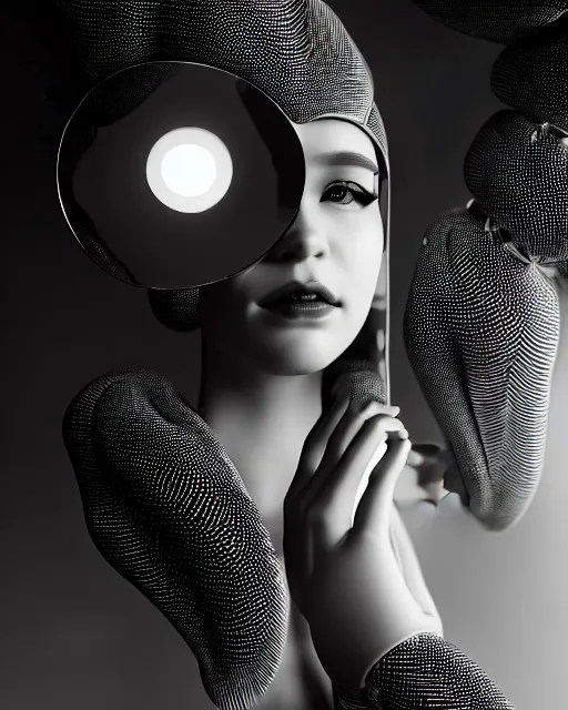 Image similar to black and white high quality photo of a female AI-queen-dragon-meshes-cyborg looking into a sci-fi mirror, volumetric lighting, brutalism, foggy, dreamy, hyperdetailed, bokeh, photorealistic, cinematic, masterpiece, elegant, dark, in the style of Horst P. Horst, octane render, 8K,