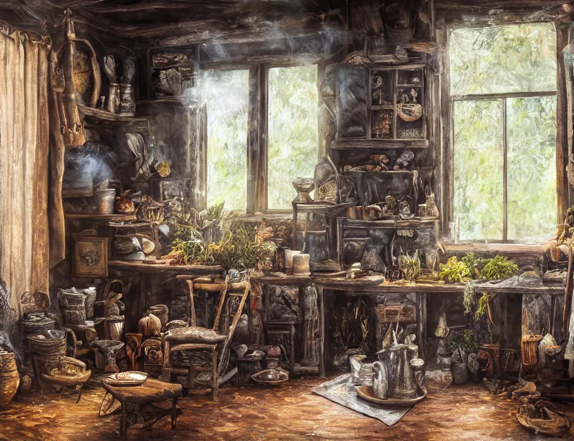 Prompt: expressive rustic oil painting, interior view of a cluttered herbalist cottage, waxy candles, burning herbs smoke, dried herbs, cabinets, wood furnishings, herbs hanging, wood chair, light bloom, dust, ambient occlusion, morning, rays of light coming through windows, dim lighting, brush strokes oil painting