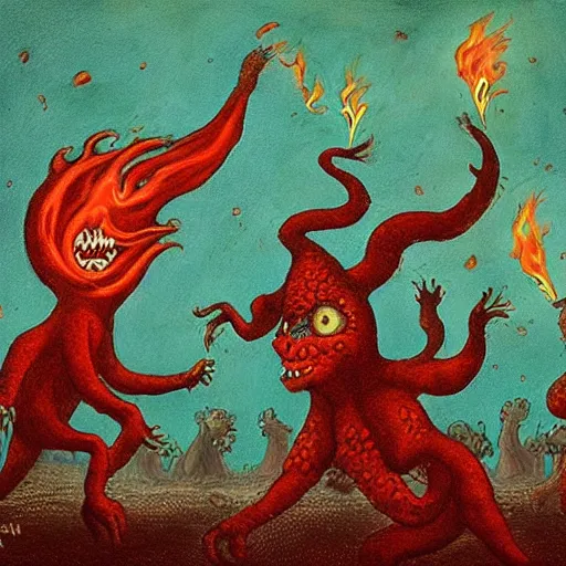 Image similar to repressed emotional monsters and creatures starting a fiery revolution in the psyche, in the style of Johfra and Shaun Tan