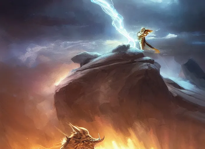 Prompt: a wizard shooting lightnings against one lion, white background, elegant, digital painting, concept art, smooth, sharp focus, illustration, from StarCraft by Ruan Jia and Mandy Jurgens and Artgerm and William-Adolphe Bouguerea