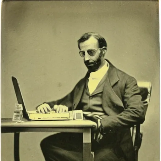 Image similar to old polaroid depicting a scientist from the 1 9 th century working at a modern day laptop