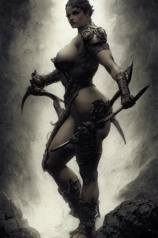 Prompt: Beautiful Chonky heroine with thick thighs and large breasts, sword in hand, crouched for a fight - in the style of greg rutkowski, by Gustave Doré, by frank frazetta, by Marco Turini, by Artgerm, Deviantart in the style of Tom Bagshaw, by frank frazetta, Cedric Peyravernay, Peter Mohrbacher by William-Adolphe Bouguereau, by frank frazetta, symetrical features, joyful 4k