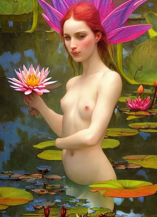 Image similar to portrait of a beautiful fairy, by a waterlily pond, coherent design, symmetrical, vivid color, complementary color, golden ratio, detailed, sharp lines, intricate, rainbowshift, by maxfield parrish, by peter mohrbacher, by karol bak, by alphonse mucha, deviantart, octane render