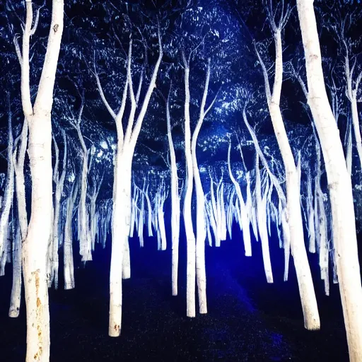 Image similar to An indigo forest in Japan, dark, midnight, seven ghostly white trees