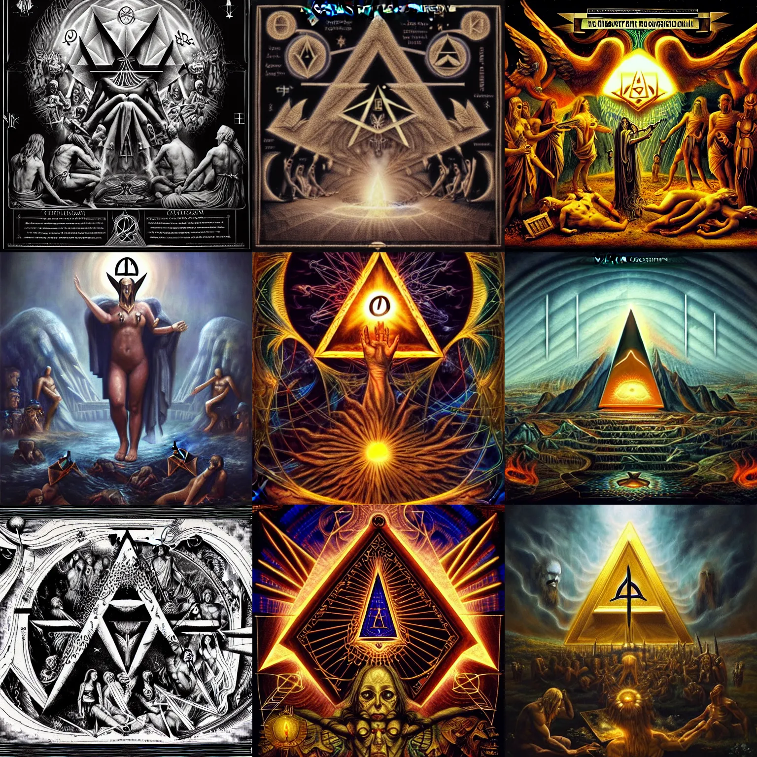 Prompt: birth of the civilization out of the luciferian spirit of distributed cognition, secret illuminati cabal, highly detailed, maximalist, occult alchemy, realistic, dark fantasy, 8 k
