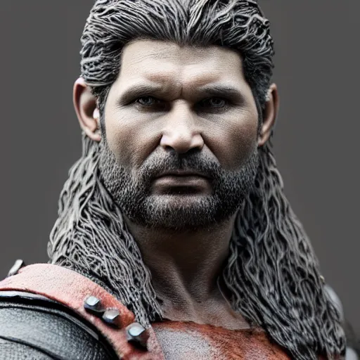 Prompt: of a 3d clay model of a viking from valhalla, ultra fine detail, hair strands, ultra high resolution, fine texture detail, miniature painting techniques, perfect proportions, marvel cinematic universe, eric bana