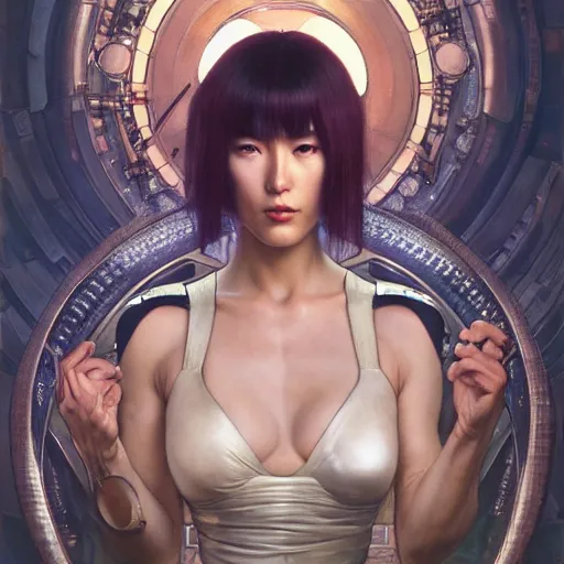 Prompt: Major Kusanagi from Ghost in the Shell drawn by Donato Giancola and Tom Bagshaw, face by Artgerm and Edmund Leighton, Alphonse Mucha, background by James Jean and Gustav Klimt, 4k, porcelain skin, komorebi, french nouveau, trending on artstation, octane render, hyperrealistic