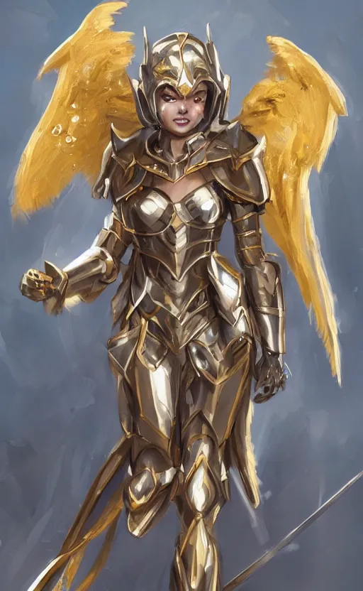 Image similar to Concept art, angel knight girl in golden and silver armor adorned with sapphire gems, artstation trending, cinematic, highly detailded