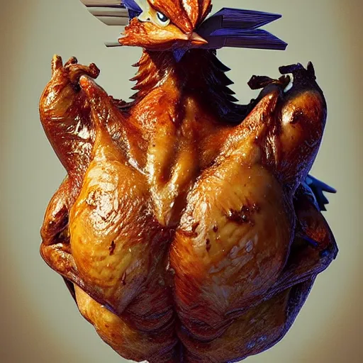 Image similar to roasted chicken pokemon:: by beeple and James Gilleard and Justin Gerard :: ornate, dynamic, particulate, intricate, elegant, highly detailed, centered, artstation, smooth, sharp focus, photoreal octane render, 3d