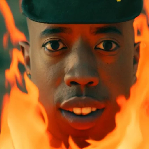 Image similar to cinematic film still of rapper Tyler The Creator starring as a Japanese Sensei with fire, Japanese CGI, VFX, 2003, 40mm lens, shallow depth of field, film photography
