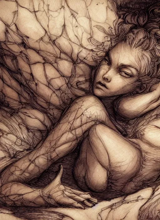 Prompt: portrait, A wood nymph laying on a bed next to groot, watercolor, dramatic lighting, cinematic, establishing shot, extremely high detail, foto realistic, cinematic lighting, pen and ink, intricate line drawings, by Yoshitaka Amano, Ruan Jia, Kentaro Miura, Artgerm, post processed, concept art, artstation, matte painting, style by eddie mendoza, raphael lacoste, alex ross