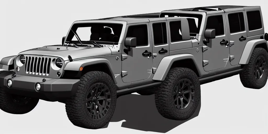 Prompt: Jeep Wrangler, 3D Render, Hyper Detailed, Black Background, Symmetrical