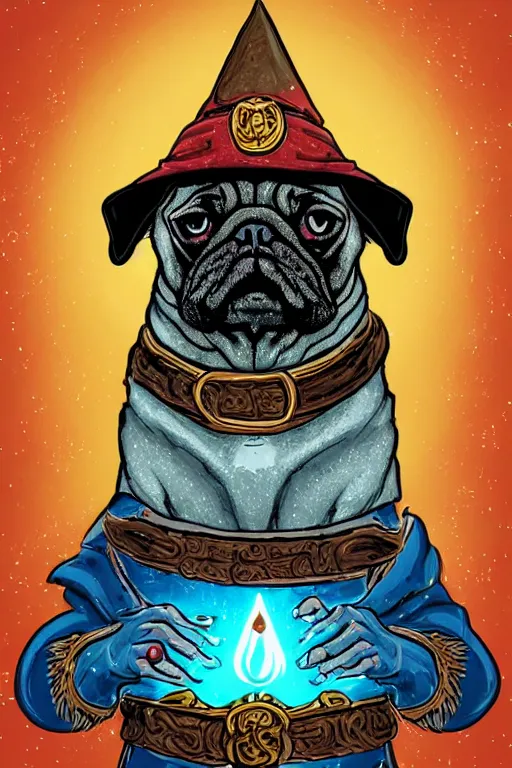 Prompt: Portrait of a pug that is a wizard casting a spell , wizard, medieval, sticker, colorful, casting epic spell, magic the gathering artwork, D&D, fantasy, artstation, heroic pose, illustration, highly detailed, simple, smooth and clean vector curves, no jagged lines, vector art, smooth