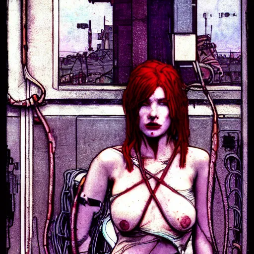 Image similar to redhead female cyberpunk, wires cables skulls, machines, in the style of john william waterhouse, and michael w kaluta, 4 k photo autochrome