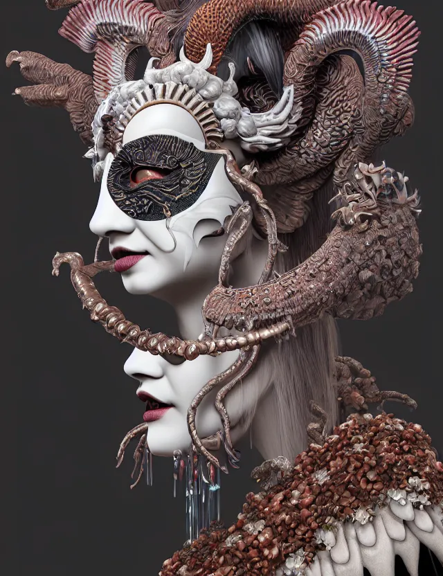 Image similar to 3 d goddess of hell close - up profile portrait with ram skull. beautiful intricately detailed japanese crow kitsune mask and clasical japanese kimono. betta fish, jellyfish phoenix, bio luminescent, plasma, ice, water, wind, creature, artwork by tooth wu and wlop and beeple and greg rutkowski