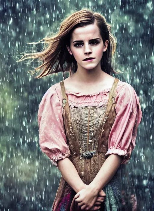 Image similar to Emma Watson for Victorian Secret, perfect face, hot summertime hippie in the rain, full length shot, XF IQ4, 150MP, 50mm, f/1.4, ISO 200, 1/160s, natural light, Adobe Photoshop, Adobe Lightroom, DxO Photolab, Corel PaintShop Pro, rule of thirds, symmetrical balance, depth layering, polarizing filter, Sense of Depth, AI enhanced