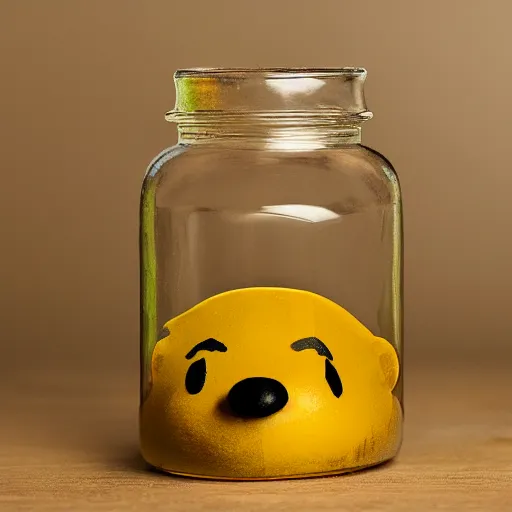 Prompt: a jar of honey made out of winnie the pooh's head, claymation, deep lighting