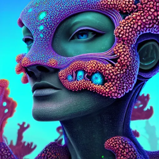 Prompt: Face of a Alien Deity, corals, plume made of fractals, extremly detailed digital painting, in the style of android jones, artwork of a futuristic artificial intelligence superstar, mystical colors, rim light, beautiful lighting, 8k, stunning scene, raytracing, octane, under water visual distortion, trending on artstation