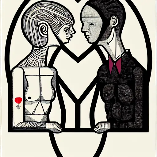 Image similar to perfectly centered geometrical symmetrical split male and female portrait of man and woman in love sharing one heart. illustration, highly detailed, simple, no jagged lines, smooth, artstation, artwork by ravi zupa