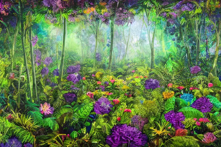 Image similar to A flowery meadow at the edge of a dense rainforest jungle, ultraviolet photography, oil painting