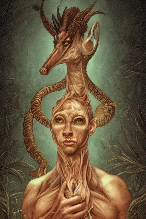 Image similar to portrait of gharial faun announcer physically accurate, moody dynamic lighting, very very intricate, very very elegant, highly detailed, digital painting, artstation, in the style of Rob Lefield and Dan Mumford , trending on artstation, digital art,surrealism ,macro,blueprint ,vaporwave ,