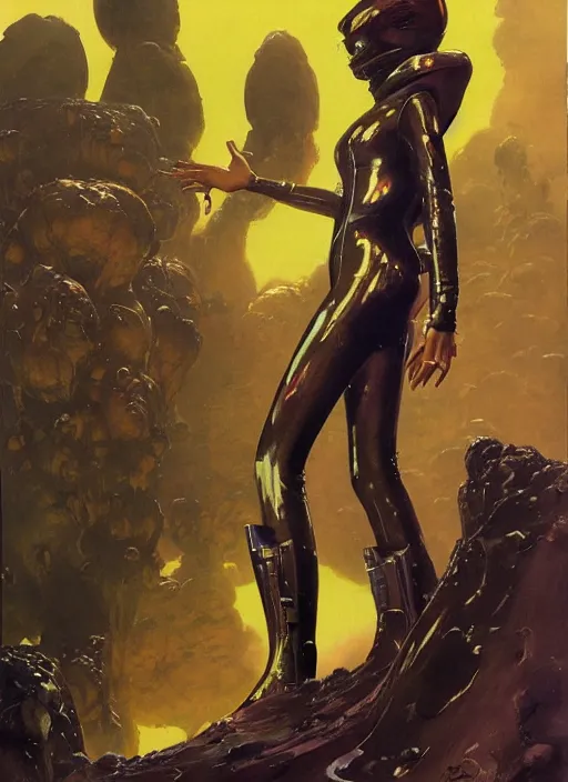 Image similar to tall elegant venusian woman wearing a latex spacesuit on alien world, by norman rockwell, jack kirby, jon berkey, earle bergey, craig mullins, ruan jia, jeremy mann, tom lovell, astounding stories, pulp illustration, scifi, amazing stories, other worlds