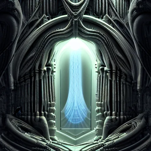 Image similar to majestic portal to another dimension, holly light and image of different time space, ethereal, sci fi, high detail, intricate, giger!, beautiful materials and reflections, photo realistic, 8 k