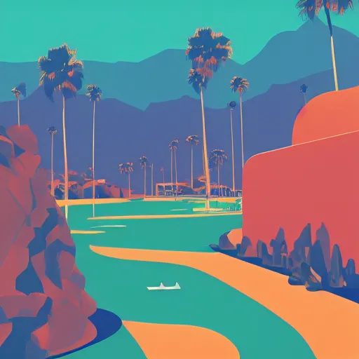 Image similar to a beautiful two color illustration of palm springs by James gilleard, green, orange, artstation HD, geometric lines, HD, 4k, 8k