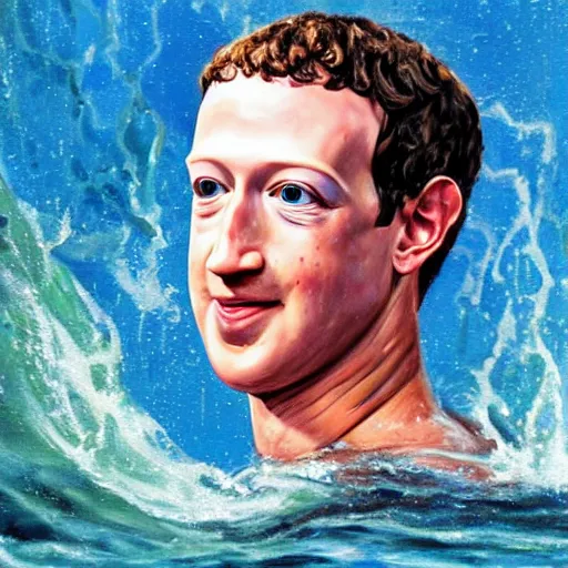 Image similar to mark zuckerberg as poseidon emerging out of the water, oil painting