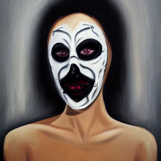 Prompt: macabre female noir with a mask and stitches, oil painting, dark, dramatic lighting, shadow,