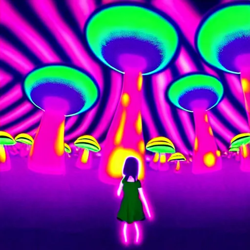 Image similar to Little girl wandering among many giant glowing mushrooms, Neon colors, psychedelic art, trippy, 4k, HQ, Trending on Artstation