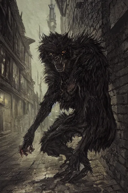 Image similar to a werewolf crouching in an alley, gothic, torn leather coat, intricate, elegant, dramatic lighting, ugly face, highly detailed, lifelike, photorealistic, digital painting, artstation, illustration, concept art, smooth, sharp focus, art by John Collier and Albert Aublet and Krenz Cushart and Artem Demura and Alphonse Mucha