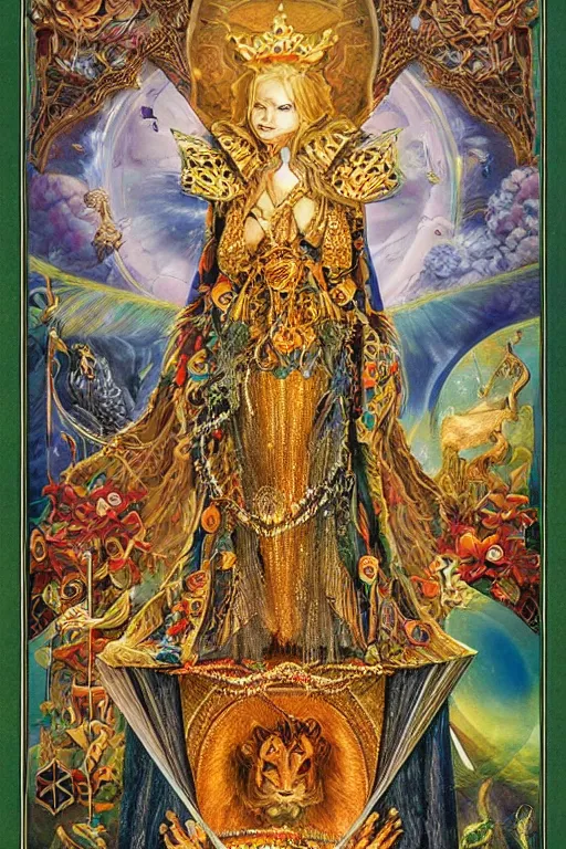 Prompt: beautiful tarot card of the queen of dreams by carol bak and jacek yerka, oil on canvas, intricate border, portrait, 8k highly professionally detailed, HDR, CGsociety